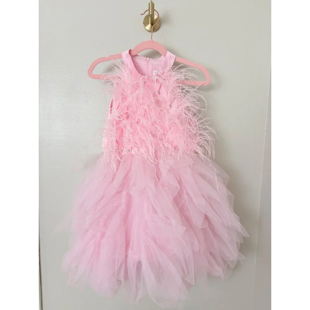 Lola + The Boys Tulle Feather Dress Kids Size 8 Pink Rhinestone Halter Party